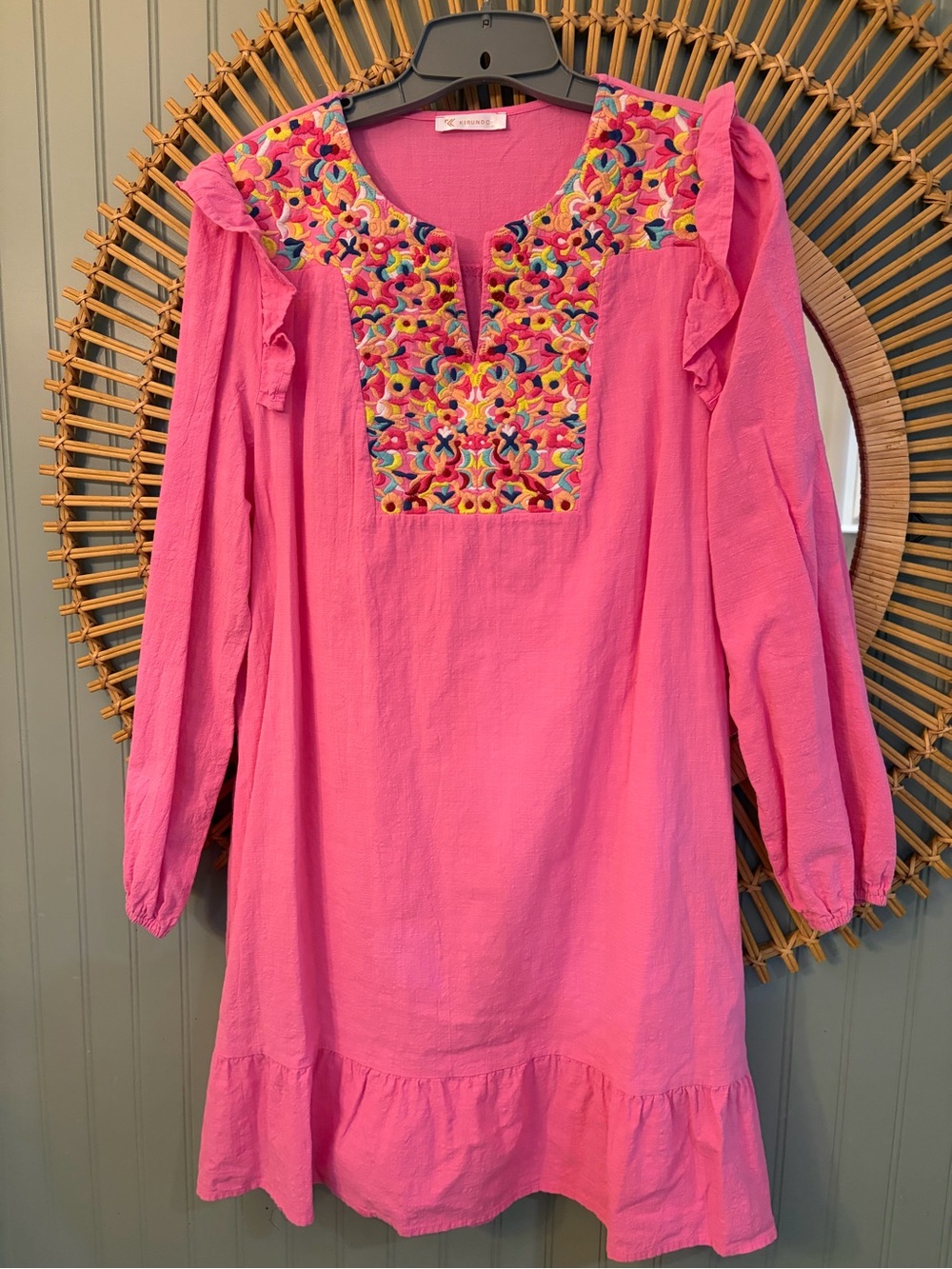 Pink Boho puff sleeve embroidered dress - XL - Picture 4 of 8